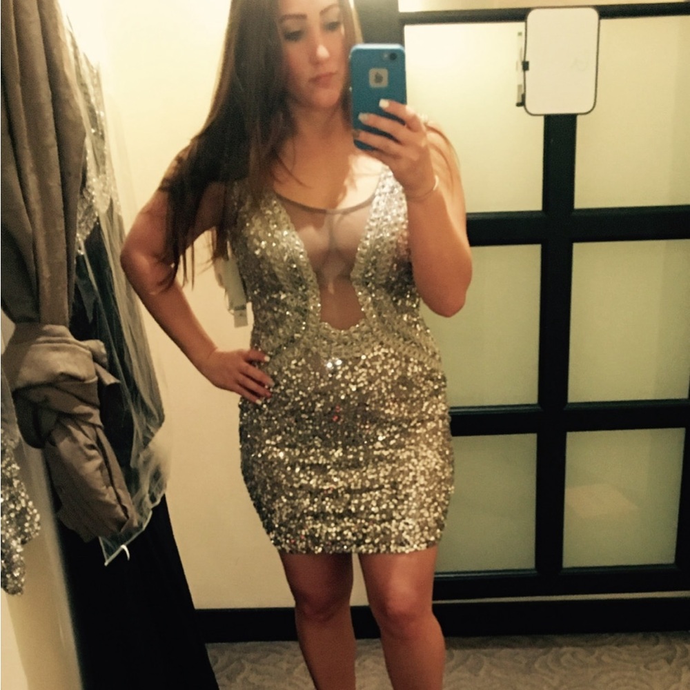 Scala Sequence Deep V Mesh Vintage Prom Dress - image 7